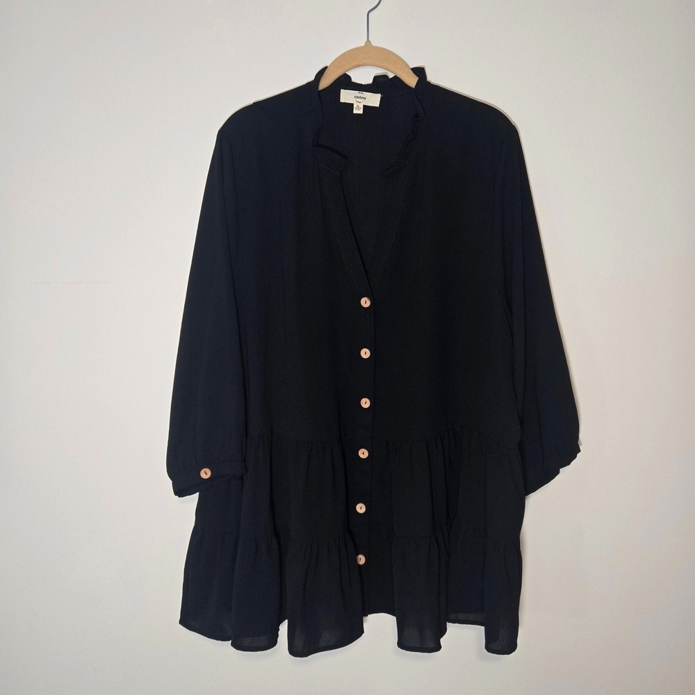 Entro Tunic Blouse Womens XL Black Tiered Ruffle V-Neck Button Front T12715P